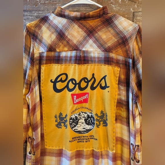 Coors Beer Upcycled Handcrafted Dip Dyed Bleached Flannel Shirt - Picture 3 of 13